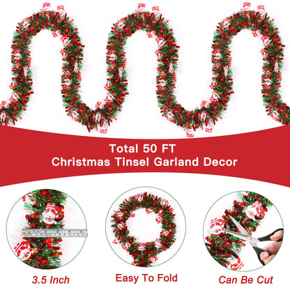 50FT Red Green Christmas Tinsel Garland with Santa Claus Ornaments, Metallic Twist Shiny Xmas Garland for Tree Decorations Fireplace Mantel Home Office Stair Party Outdoor Indoor Holiday Decor