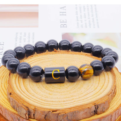 ZZ ZINFANDEL Initial Letter Black Obsidian Beaded Bracelets for Men, Mens Triple Protection Bracelet,10mm Natural Black Onyx Tiger Eye Stone Beads Bracelets (C)
