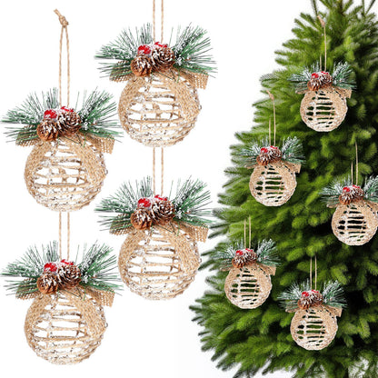 Gemscream 4 Pcs Farmhouse Christmas Ball Ornaments 3.15 Inch Rustic Boho Xmas Tree Hanging Decor with Pine Cones, Pine Needles, Berries and Burlap Bows Linen Shatterproof for Holiday Home Party Decor