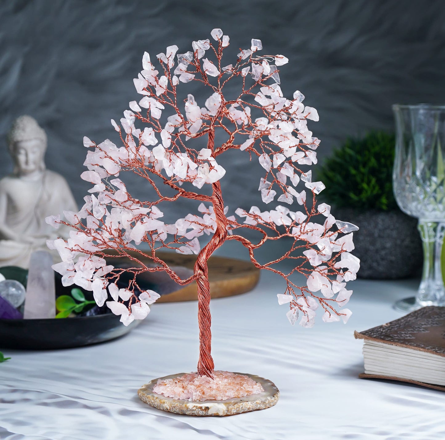 Rose Quartz Gemstone Tree of Life - Geode Agate Slice Base, Handmade Crystal Tree, Pink Healing Stone for Heart Chakra Unconditional Love - Relationships, Attract Good Luck, Self-Love, Gift