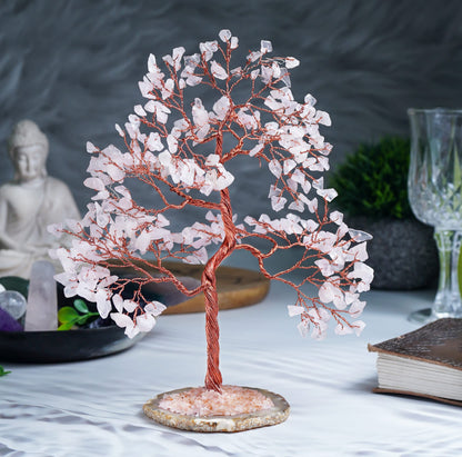 Rose Quartz Gemstone Tree of Life - Geode Agate Slice Base, Handmade Crystal Tree, Pink Healing Stone for Heart Chakra Unconditional Love - Relationships, Attract Good Luck, Self-Love, Gift