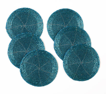 Handmade Beaded Coasters Set of 6, Teal Blue Circular Pattern Decorative Drink Coasters for Coffee Table, Dining Room Table, Wedding Party, Birthday Gift - 4 Inch - Teal