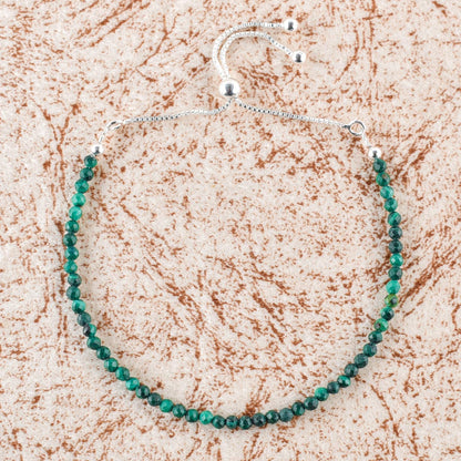 ZEMBIENCE Natural Malachite Gemstones Bolo Bracelet, Micro-Faceted Beads, Chakra Healing Crystals, Silver Plated, Adjustable Slider, Minimalist, Birthday, Women Jewelry, Valentine Gifts, Size 10"