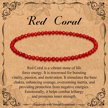 BONNY BOXX Natural Genuine Gemstone Faceted Round Beads Bracelets, 3mm Adjustable Stretchy Tiny Faceted Red Coral Bracelet, Healing Crystal Reiki Chakra Dainty Jewelry Fashion Gifts