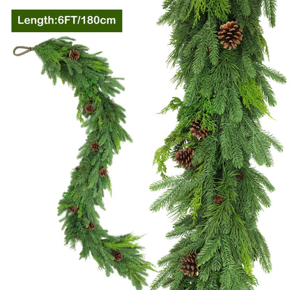 6FT Christmas Garland, Cedar Garland with Pine Cones Artificial Cypress Pine Garland for Mantle Stairs Table Indoor Outdoor Home Xmas Christmas Decor Decorations