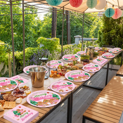 96 Pcs Gingerbread Birthday Party Plates Napkins Tableware Set Pink Christmas Party Supplies Disposable Dinnerware Merry Birthday Decoration Favors for Winter Xmas Baby Shower Holiday, 24 Guests
