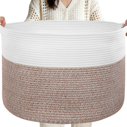 90L Extra Large Blanket Basket for Living Room - Cotton Rope Laundry Hamper Woven Baskets XXL Storage Bin with Handles for Dirty Clothes, Kids, Pets, Toys, Bedroom, 23'' x 23'' x 13'', White & Brown