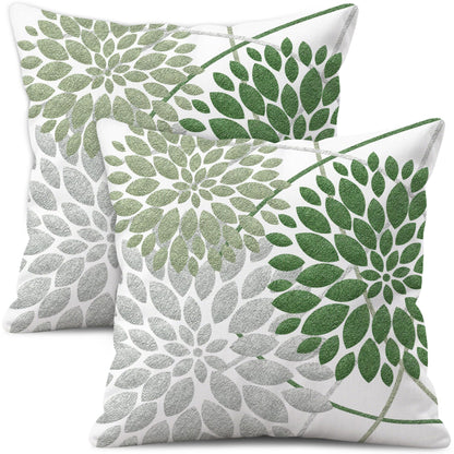 WitHero Decorative Throw Pillow Covers Set of 2, Double-Sided 18x18 inch White Linen Green Silver Grey Pillow Cases, Farmhouse Indoor Outdoor Modern Floral Dahlia Flowers Cushion Cover for Couch Sofa
