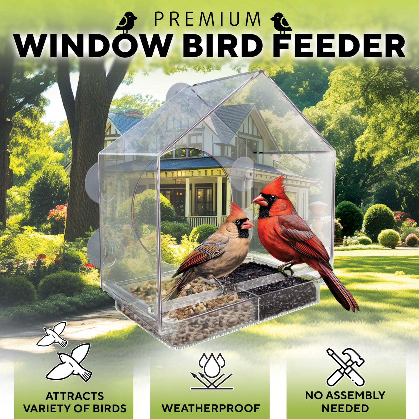 Premium Window Bird Feeder for Outside - Clear Bird House w/Largest Window for Viewing Birds - Easy to Install & Sturdy Feeder w/Extra Strong Suction Cups - Perfect for Kids, Adults and Cats