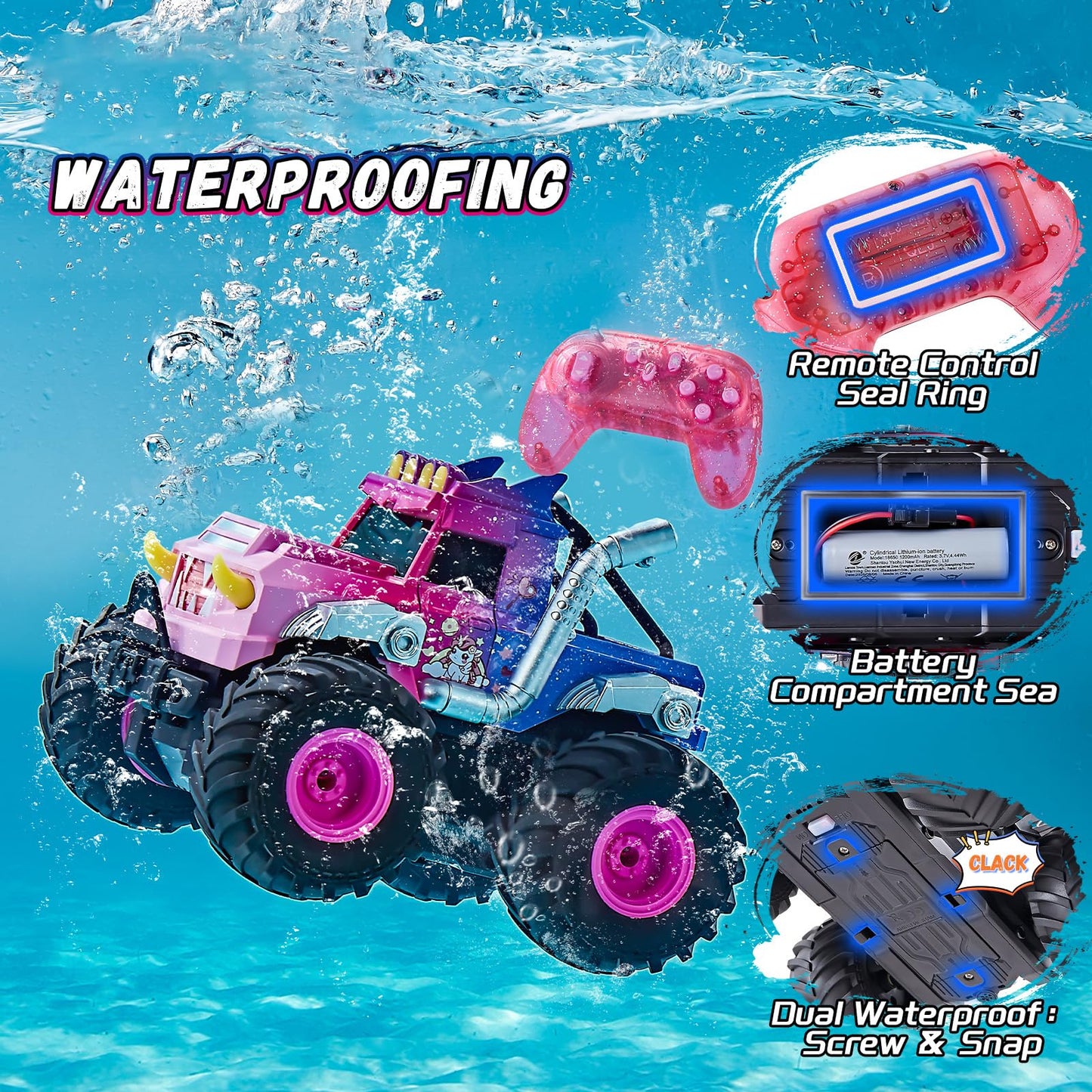YEESWOOQI Remote Control Car for Girls, Waterproof Pink Monster Truck Toys W/Blocks & 360°Spin, 1:18 Amphibious RC Cars, 4WD All-Terrain Off-Road RC Trucks, Birthday Gifts Pool Toys for Kids Age 3-12