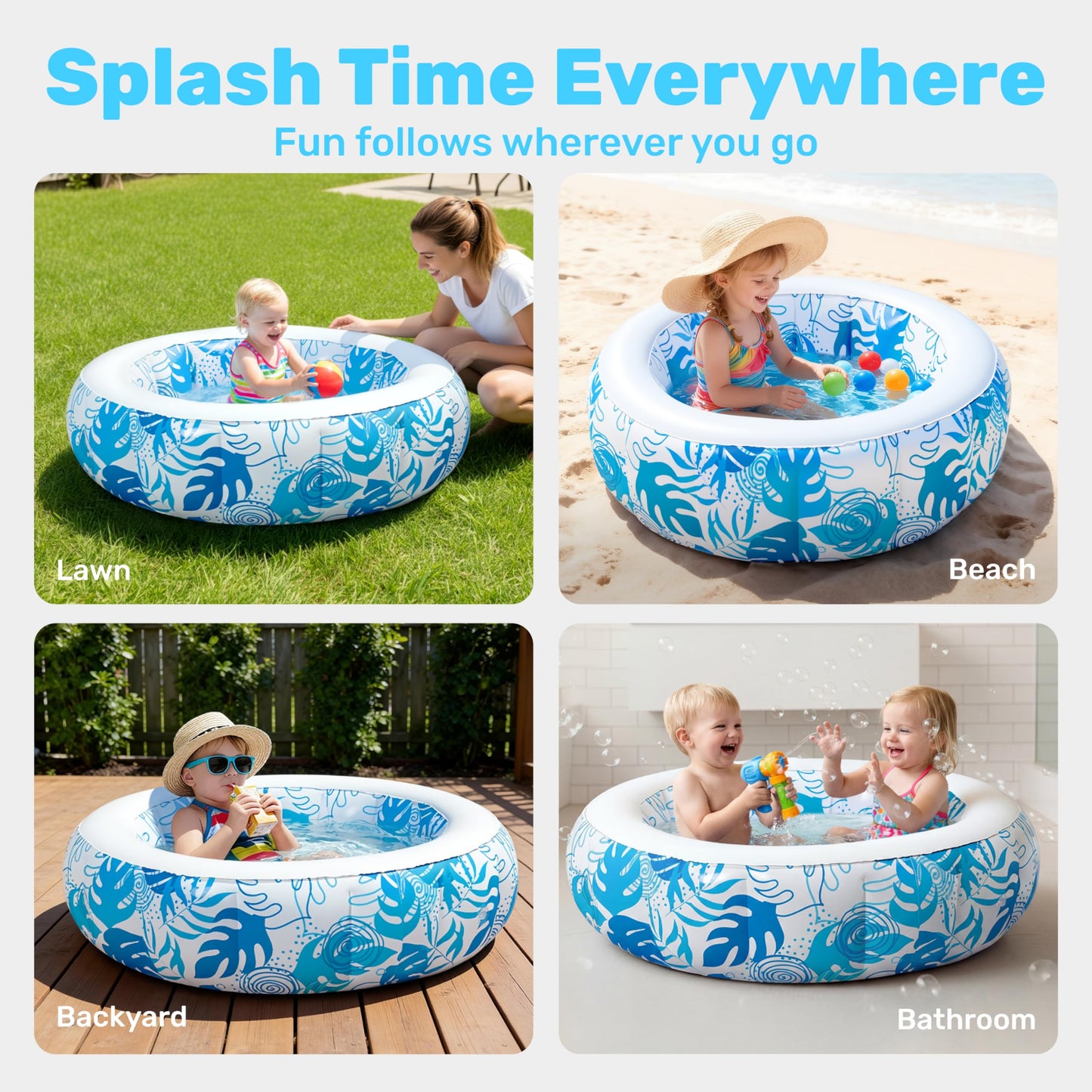 SLOOSH Inflatable Kiddie Pool for Kids, 36"x11" Swimming Pool with Soft Pad Floor for Kid & Toddler, Round Blow Up Baby Ball Play Pit Pools for Swim Party, Portable Indoor & Outdoor Water Toys (Blue)