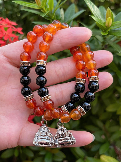 GAF TREASURES Red Agate & Black Onyx with Happy Buddha Crystal Bead Bracelet 8mm, Genuine Red Agate & Black Onyx Stretch Gemstone Bracelet, Healing Crystal Bracelet, Gift for Men & Women (1)