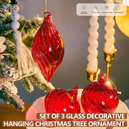 3 Pcs Hand Blown Glass Christmas Ball Ornaments Hanging Xmas Tree Decorations for Home Wedding Birthday Party Holiday (Red)
