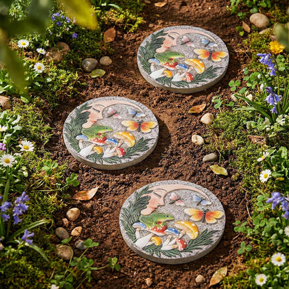 Bechivie Garden Stepping Stones Outdoor, 9.8" Resin Frog Stepping Stone with Moon Butterfly Mushroom, Spring Decorative Round Walkway Gardening Gifts Home Decor for Outside Yard Pathway Patio Lawn