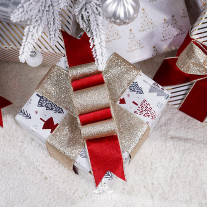 LIZLOVESS Red Velvet Wired Ribbon with Glitter Back 2.5 Inch Red and Gold Christmas Ribbon Wired Ribbon for Christmas Tree, Gift Wrapping, Mantel, Wreaths Supplies, Topper Bows (10 Yards)
