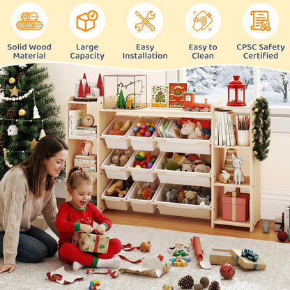 GITAWUSA Toy Storage Organizer, Kids Bookshelf with 6 Shelves, 9 Toy Bins & 6 Hooks | Toy Shelf, Storage Bin Unit, Toy Organization for Playroom, Nursery, Bedroom, Toddler Room | Wood & White