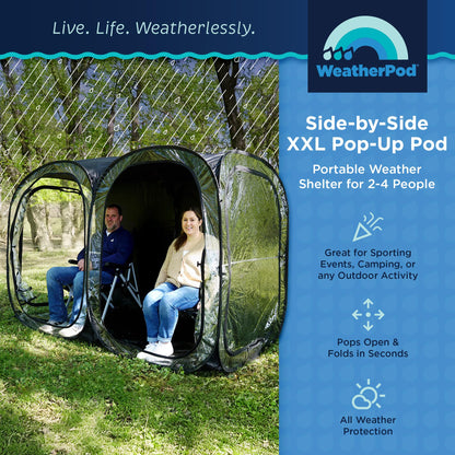 WeatherPod® Side-by-Side™ 2-4 Person Pop-Up Sports Tent Pod - The Original Shark Tank Instant Setup All-Weather Pod Shelter for Outdoor Sports, Rain, Wind & Cold