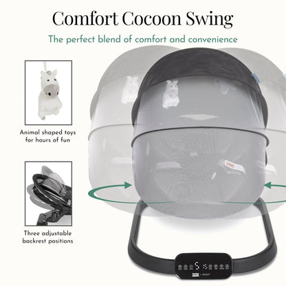 Evolur Comfort Cocoon Baby Swing with TUYA Voice Control, 5-Speed Sway with Remote, Touchscreen Motion & Music, Removable Canopy & Toys, 5-Point Safety Harness – Black