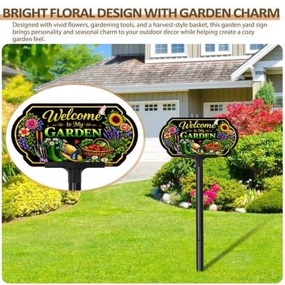 Welcome to My Garden Sign Outdoor Decor, 10x5 Inch Adjustable 24" & 37" Height Aluminum Garden Yard Sign with Stake, UV Printed Metal Garden Sign for Lawn Fence Wall, Gift for Gardeners