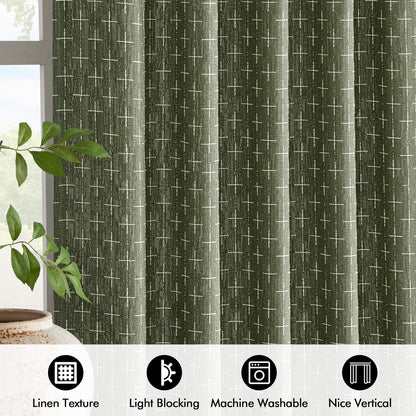 MIULEE Decorative Back Tab Linen Curtains with Geometric Pattern for Living Room Bedroom Farmhouse Rustic Thick Woven Textured Patterned Mudcloth Drapes 84 Inches Long 2 Panels Set, Olive Green