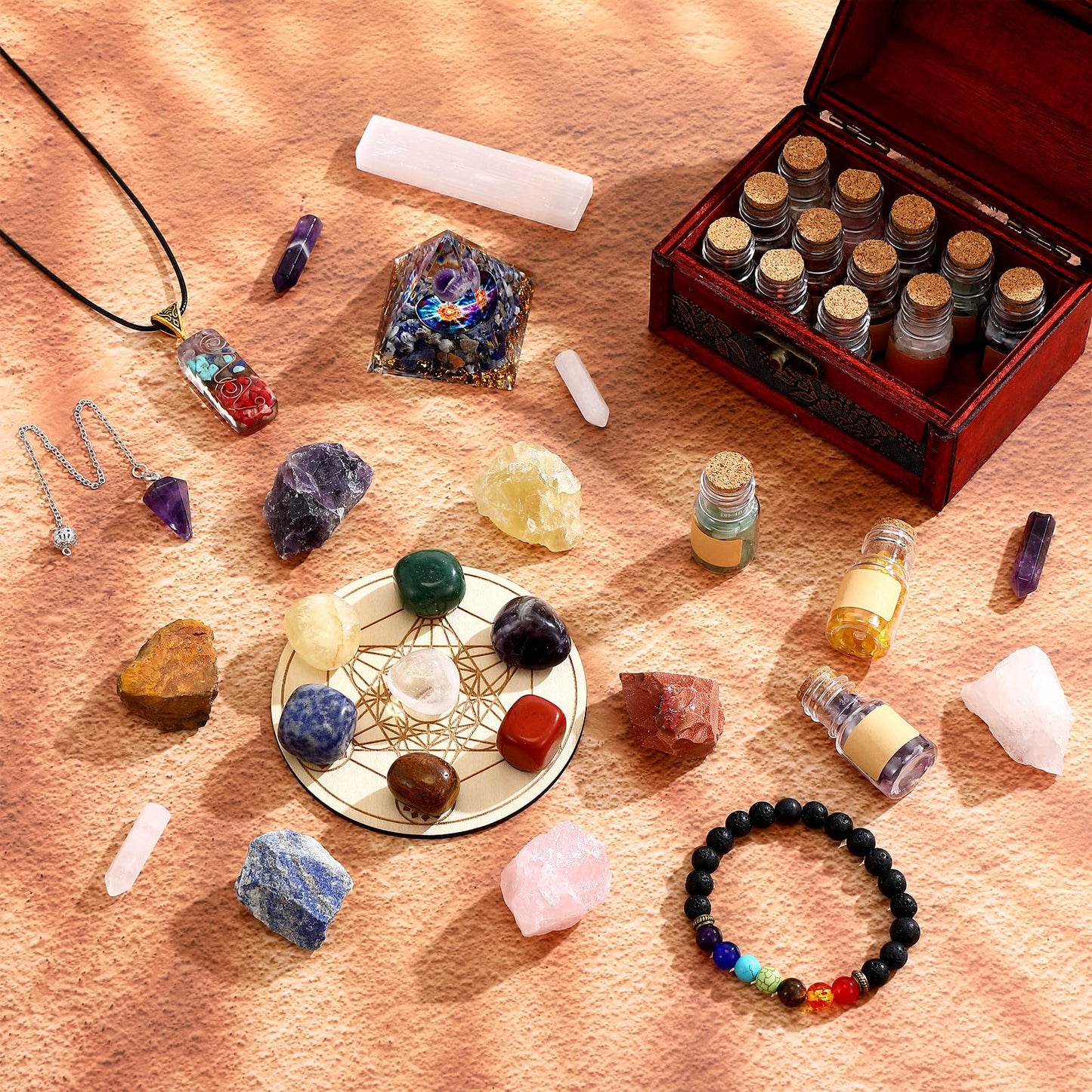 64 Pcs Crystals and Healing Stones Set for Meditation,7 Raw Chakra Stones Crystals Kit Pyramid Reiki Real Crystal Stone with Wooden Box, Lava Bracelet, Chakra Necklace, Gifts for Crystal Beginners