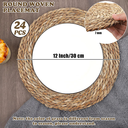 Kochorie Set of 24 Round Woven Placemats 12 Inches Bulrush Placemats Natural Hand-Woven Boho Rattan Placemats Wicker Table Mats Farmhouse Weave Place Mats for Home Dining Table