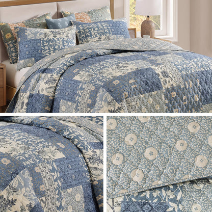 CASAAGUSTO Queen Quilt Set - 3 Pieces Patchwork Blue Quilt Bedding Set, Lightweight Queen Bedspread Coverlet, Reversible Floral Bed Cover for All Seasons (90"x94", 1 Quilt + 2 Pillow Shams)