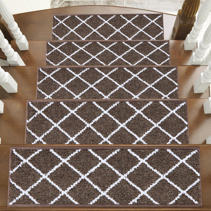 Non-Slip Stair Treads for Wooden Steps Indoor, 15 Pack 9" X 28" Edging Stair Carpet Mat with TPE Backing, 0.4" Thick Stair Runners for Kids Elders & Pets, 100% Polyester Stair Rugs, Brown&White