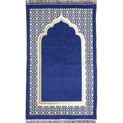 Modefa Turkish Islamic Prayer Mat - Thin Woven Chenille Sajjadah - Intricate Praying Rug Ramadan Eid Gift - Traditional Muslim Janamaz Sajada for Men Women - Geometric Selcuk Star (Royal Blue)