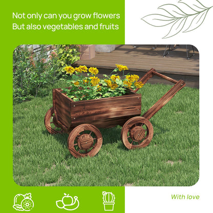 Wooden Flower Cart with Wheels Wooden Wagon Planter Outdoor Garden Planter Decor Planter Kit for Patio Balcony Trolley Decoration Succulent Flower Pot, Indoor Backyard Balcon Decor（Small）
