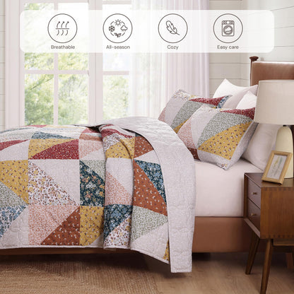 BLOOMHAVEN Quilt Set Queen Size, Patchwork Burnt Orange Floral Quilt Sets, Reversible Bedspread Lightweight and Breathable for All Seasons, Soft Quilted Bedspread with 2 Pillow Shams