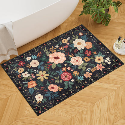 DUKINO 2x3 Rugs for Entryway, Floral Indoor Washable Door Mat, Non Slip Boho Small Rug for Kitchen, Soft Low Pile, Front Door Throw Rug for Entrance, Bedroom, Kitchen, Laundry, Bathroom, Black