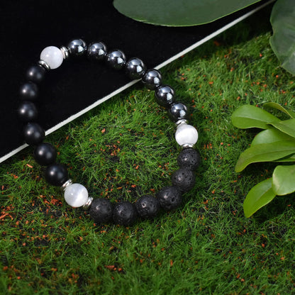 Ayriwoyi Protection Bracelet Black Onyx Agate Bracelet Healing Crystal Stone Beaded Bracelet Selenite Hematite Anxiety Bracelet for women Stretch Bracelets