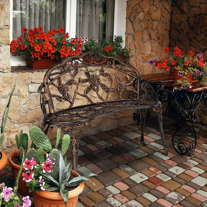 VINGLI 38.5" Patio Park Garden Outdoor Metal Rose Bench, 2-Person Cast Iron Cast Aluminium Frame Antique Finish Chair,Accented Lawn Front Porch Path Yard Decor Deck Furniture (Bronze, Rose)