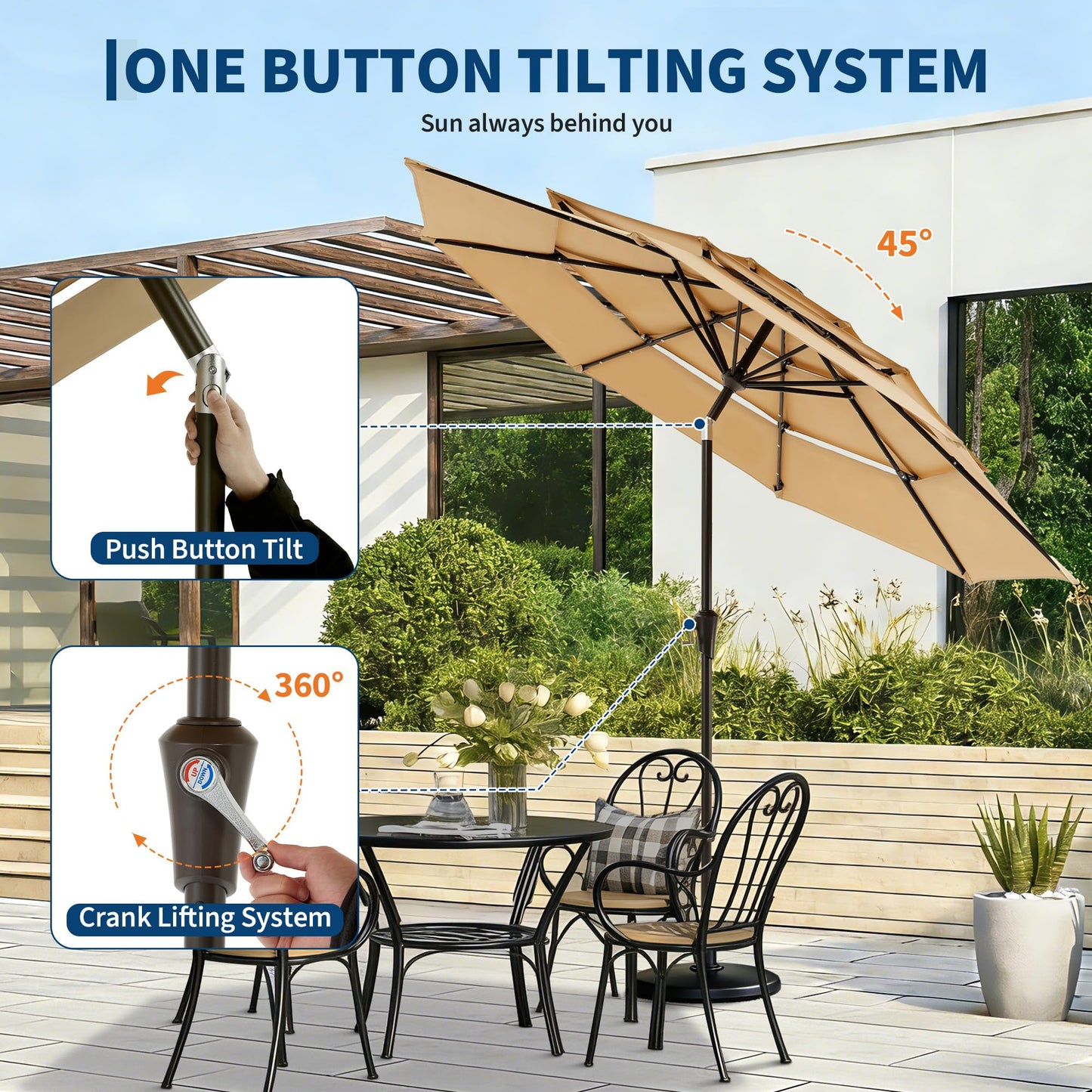 Garvee 9ft Patio Umbrella with Solar Lights, 3-Tier Patio Table Umbrella Outdoor with LED Lights, Ventilation, Easy Crank & Tilt, 8 Sturdy Ribs, UV Protection, Large Patio Umbrella for Deck, Pool