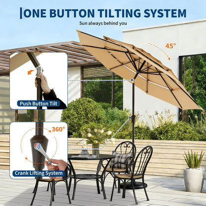 Garvee 9ft Patio Umbrella with Solar Lights, 3-Tier Patio Table Umbrella Outdoor with LED Lights, Ventilation, Easy Crank & Tilt, 8 Sturdy Ribs, UV Protection, Large Patio Umbrella for Deck, Pool