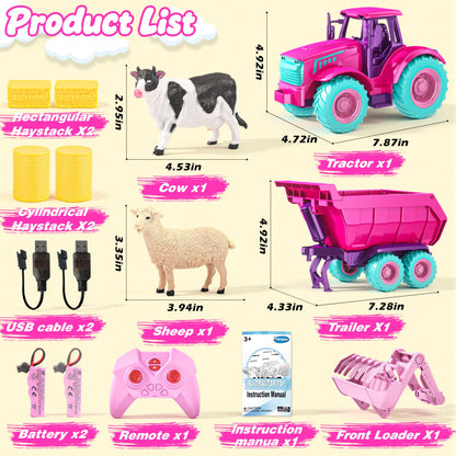Funwee RC Tractor Toy Set with Light & Sound, Kids Farm Car Animal Trailer Wheels Remote Truck, Outdoor Vehicle Toys for 3-7+ Years Old Toddler Boy and Girl Gift(Rose red)