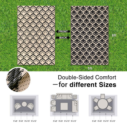 OLANLY Reversible Outdoor Rug 5x8 ft Clearance, Waterproof Outdoor Plastic Straw Rug with Interlacing Pattern, RV Mat for Patio, Camping, Balcony, Deck, Backyard, Black & Beige