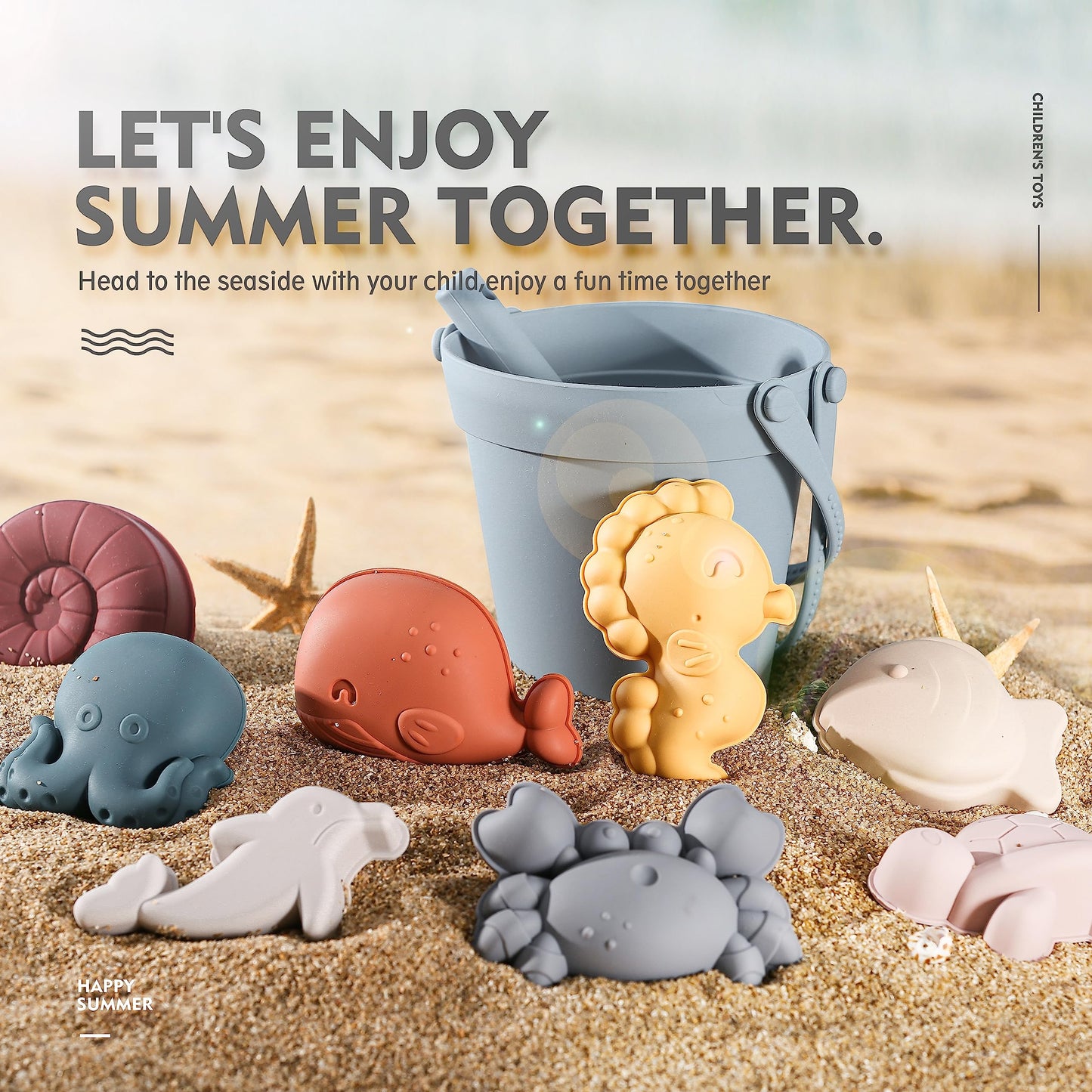 MarcZero 11Pcs Silicone Beach Toys,Modern Baby Beach Toys,Travel Friendly Beach Set,Silicone Bucket, Shovel, 8 Sand Molds, Beach Bag,Silicone Sand Toys for Toddlers, Kids (Blue)