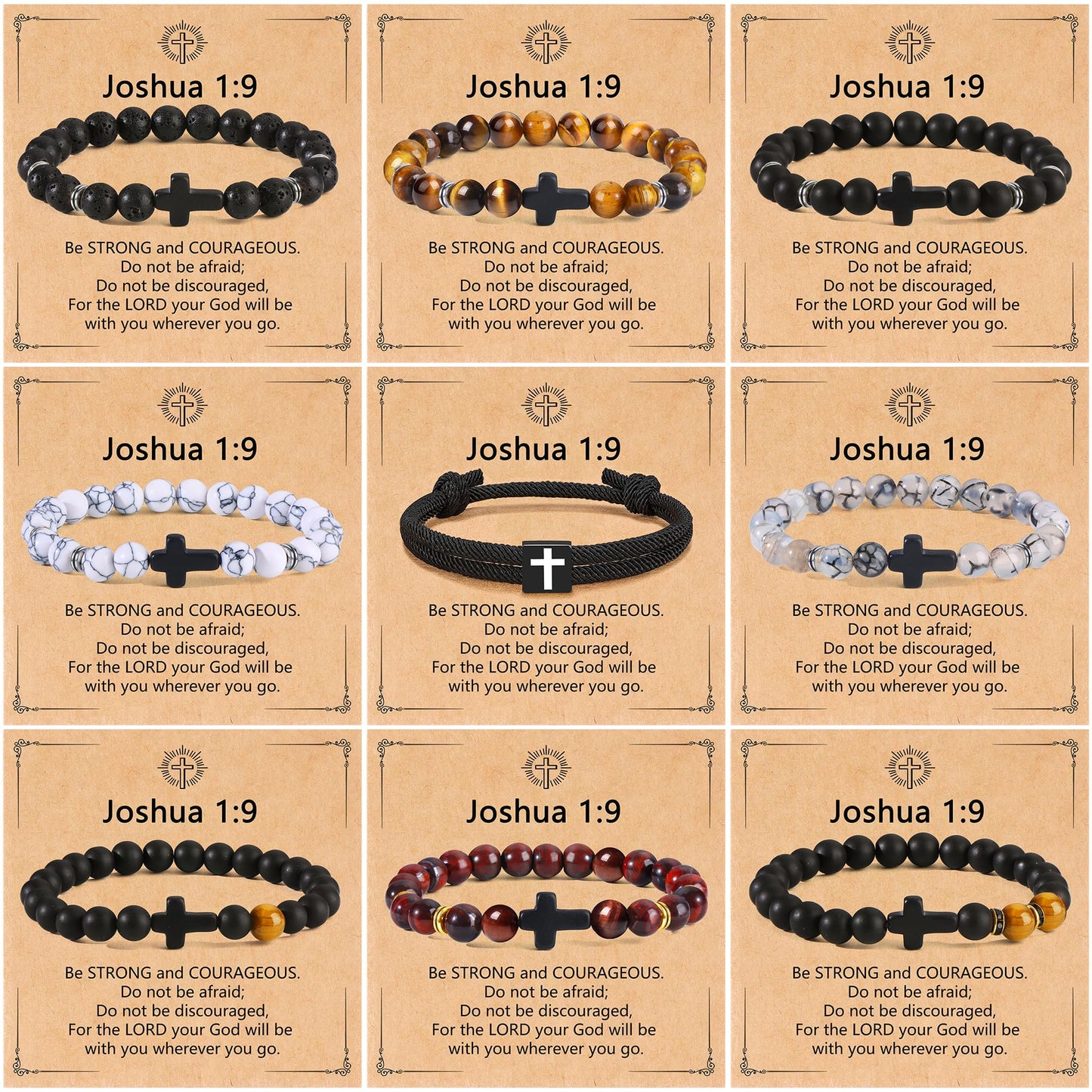 CASDAN 9Pcs Cross Prayer Bracelets for Men 8mm Christian Easter Basket Stuffers Cross Beaded Bracelet Inspirational Faith Based Religious Jesus Bracelets Gifts