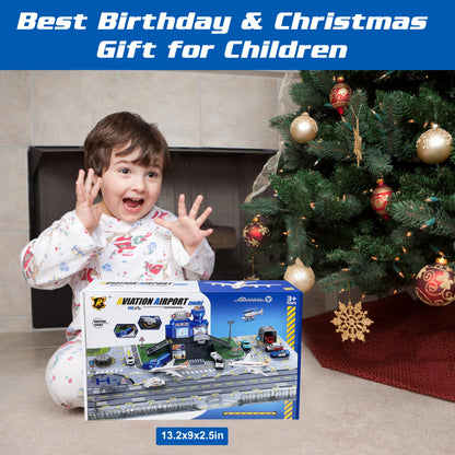 Airplane Toy Set with Trucks, Helicopter, Planes, Signs and Airport Playmat, Interactive Early Learning Toys for Boys Girls, Great Gift for Birthday