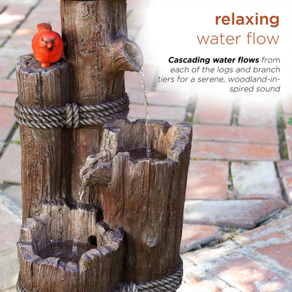 Alpine Corporation 35" Tall Outdoor 3-Tier Birdhouse Water Fountain with Cardinal Accent, Rustic Floor Decor for Garden and Patio, Brown