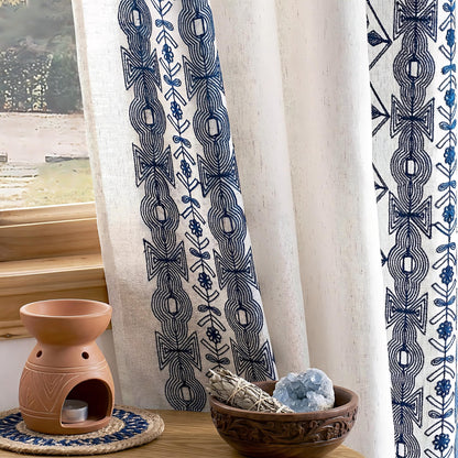 NICETOWN Boho Curtains with Navy Blue Trim 84" Long 2 Panels, Embroidered Cream Linen Textured Geometric Drapes with Antique Bronze Grommets, Light Filtering Window Treatment for Living Room & Nursery