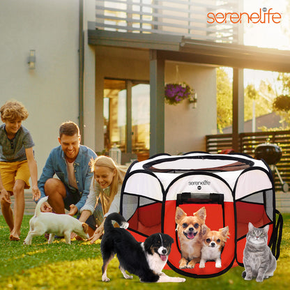 SereneLife On-The-Go Foldable Portable Pet Tent 8-Panel Playpen for Dog & Cat w/Food/Water Bowl, Mesh Exercise Puppy Playground, Pet House Indoor & Outdoor, Travel & Camping Pet Kennel (Red- Medium)