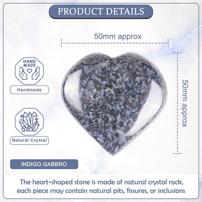 Crocon 50mm Indigo Gabbro Heart stone Big Heart Shape Puff Stones Set 450+ Carats Pocket Crystal Healing Tumble Collection Palm Worry Stone Good Luck Charm Meditation Gift Craft Home Decor