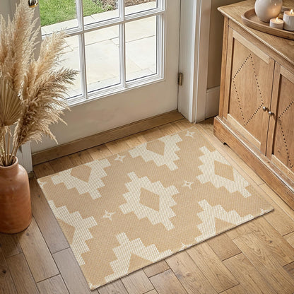 MatEssenz 2x3 Washable Entryway Rug, Woven Boho Geometric Indoor Front Door Mat, Pet Friendly Neutral Farmhouse Accent Throw Rug for Kitchen & Bedroom, Beige
