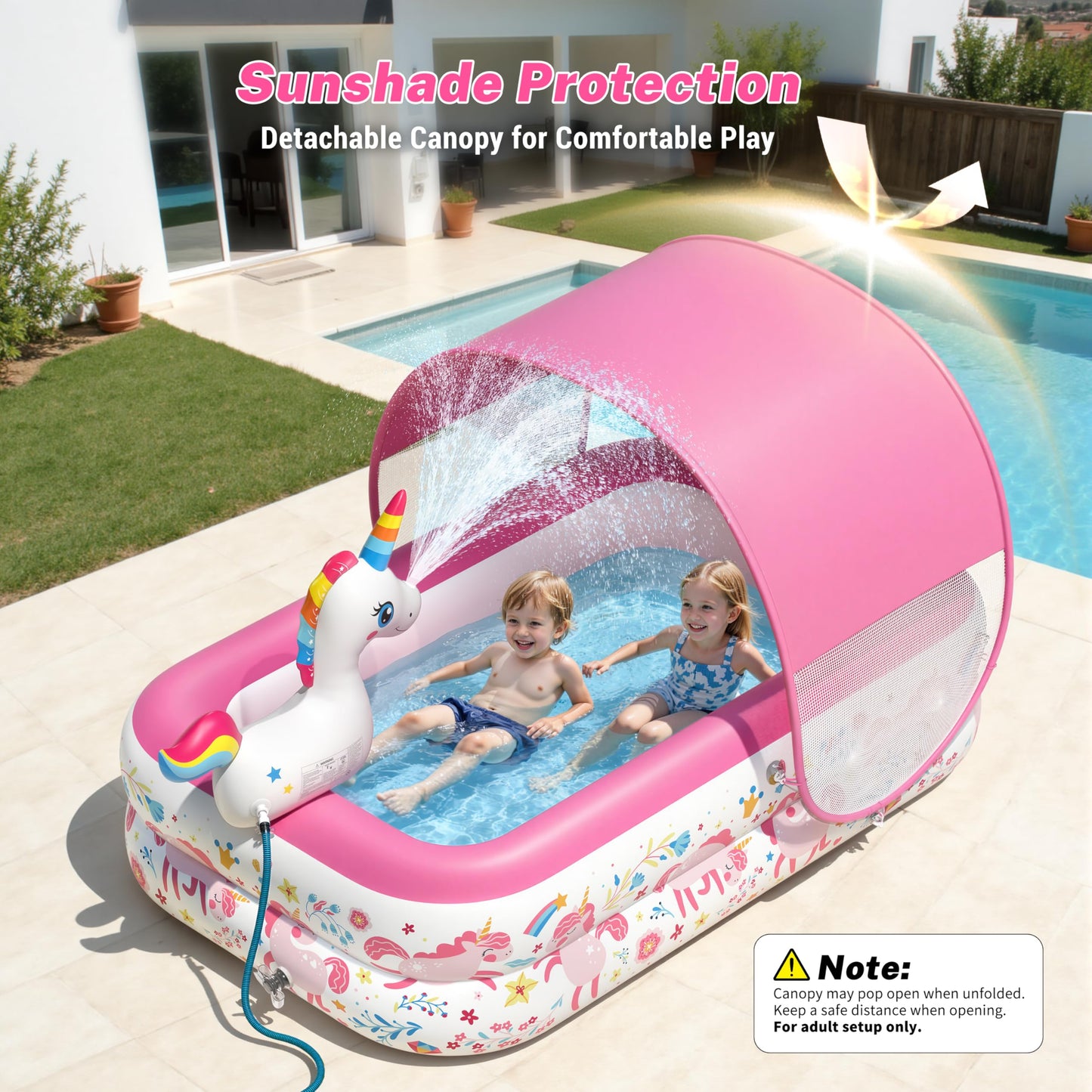JOSEN Unicorn Kiddie Pool with Canopy and Sprinkler, Inflatable Baby Pool with Soft Cushioned Floor, Portable Toddler Blow Up Pool Ball Pit for Backyard, Outdoor/Indoor Play Toys