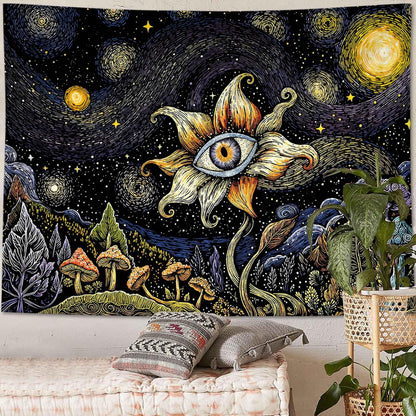 Yeoiat Tapestry Cosmic Flower Tapestries Mushroom Landscape Wall Hanging Starry Night Visionary Botanical Art Decor Bedroom Dormitory 48"x36"