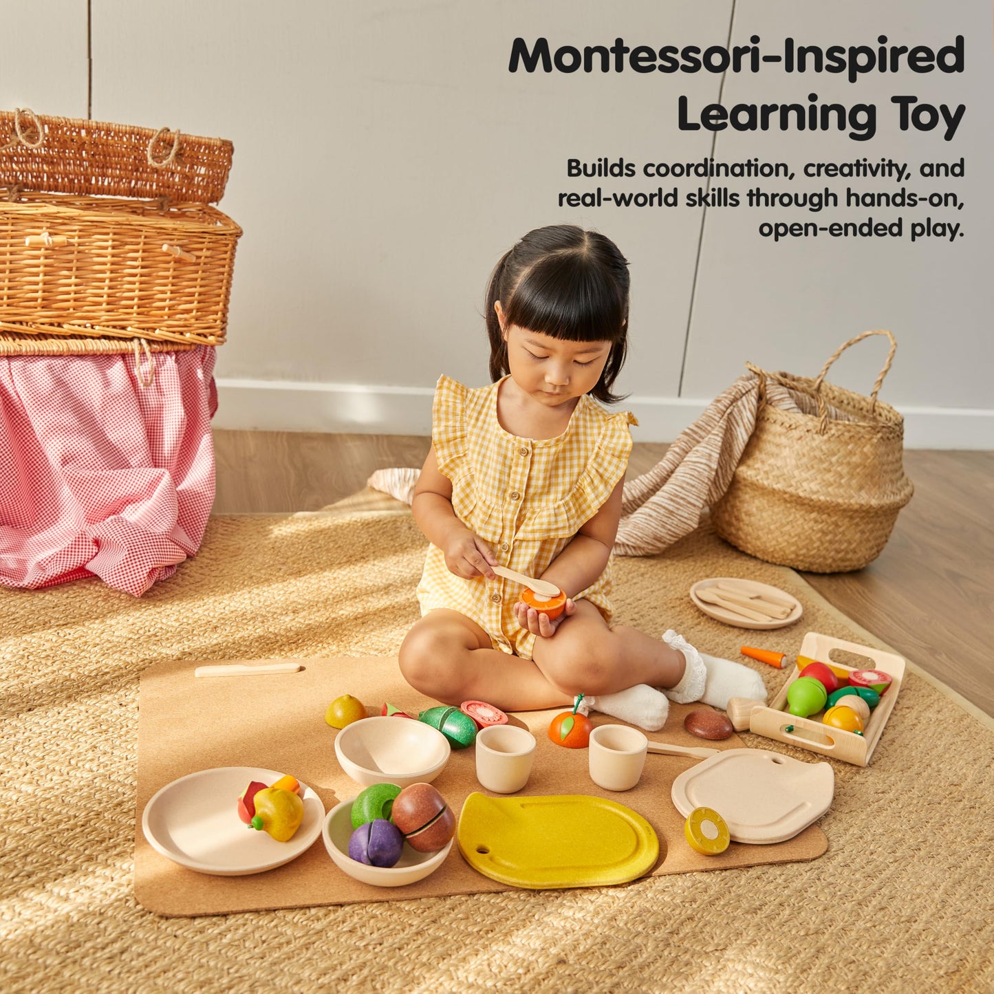 PlanToys® Pretend Play Wooden Tableware Set for Kids | 16-Piece Montessori Kitchen Toy Set with Plates, Cups, Bowls & Utensils | Eco-Friendly, Non-Toxic Toy for Toddlers & Preschoolers