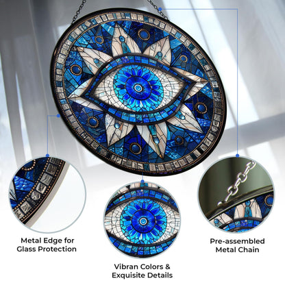 365CUSGIFTS Evil Eye Stained Glass Sun Catcher with Mountain Stained Glass Window Hanging, Suncatchers for Windows Hanging, Lavender Wall Decor, for Women/Friends/Lover